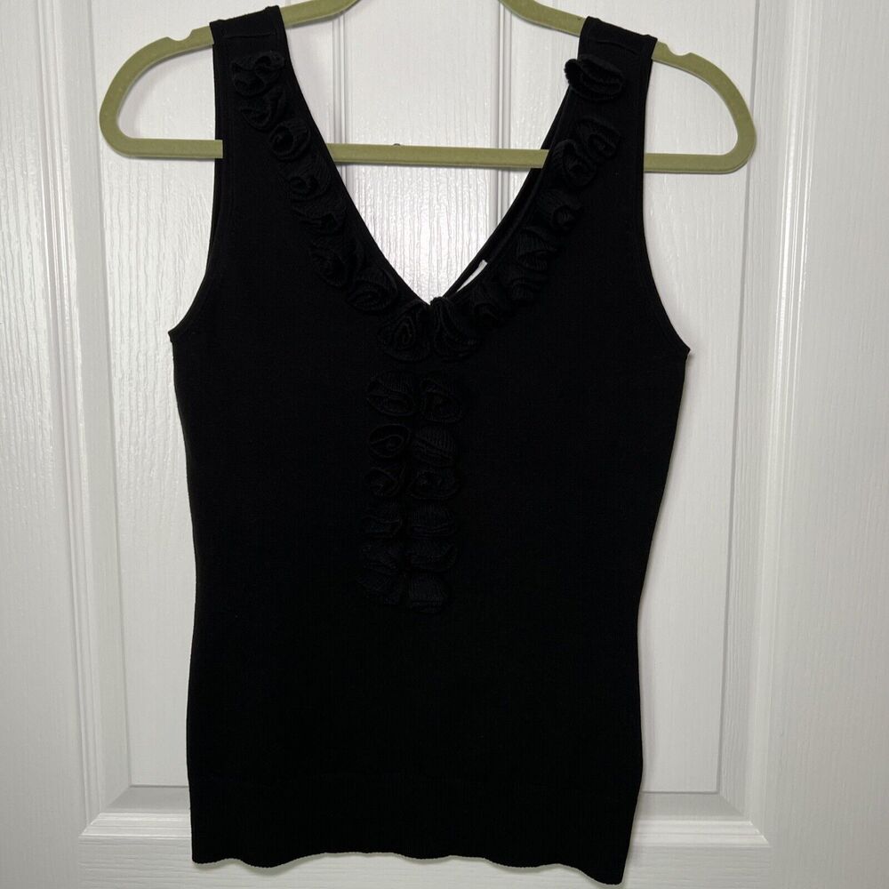 WHBM Silk Blend Sleeveless Double V Sweater Small Black Rosette Feminine - Picture 2 of 8